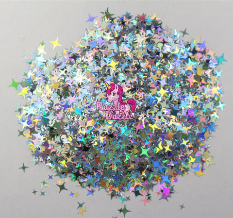 Silver Holographic Four Point Stars